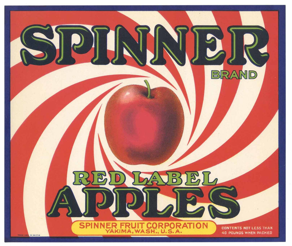 Spinner Brand Vintage Yakima Washington Apple Crate Label, red