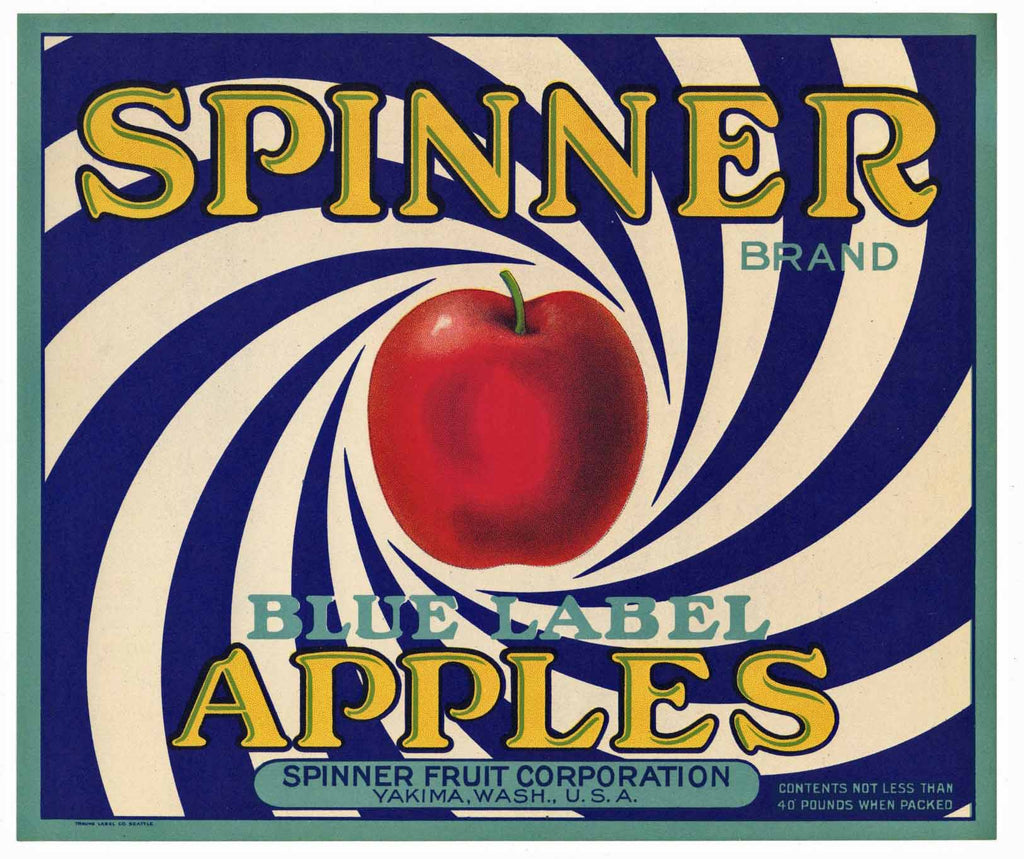 Spinner Brand Vintage Yakima Washington Apple Crate Label, blue