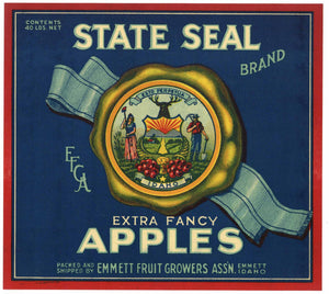 State Seal Brand Vintage Emmett Idaho Apple Crate Label, blue