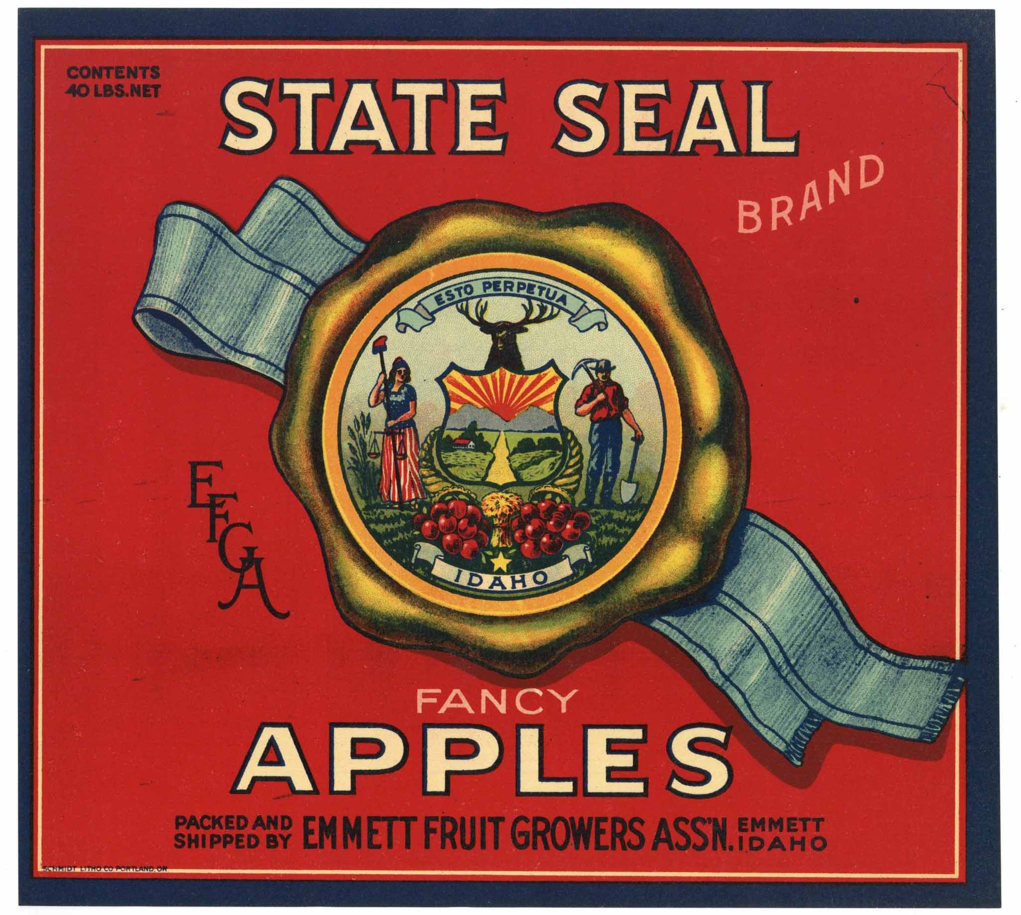 State Seal Brand Vintage Emmett Idaho Apple Crate Label, red