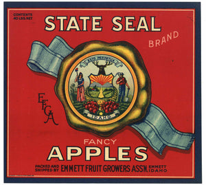 State Seal Brand Vintage Emmett Idaho Apple Crate Label, red