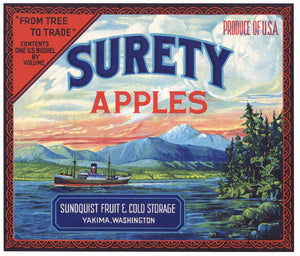 Surety Brand Vintage Yakima Washington Apple Crate Label