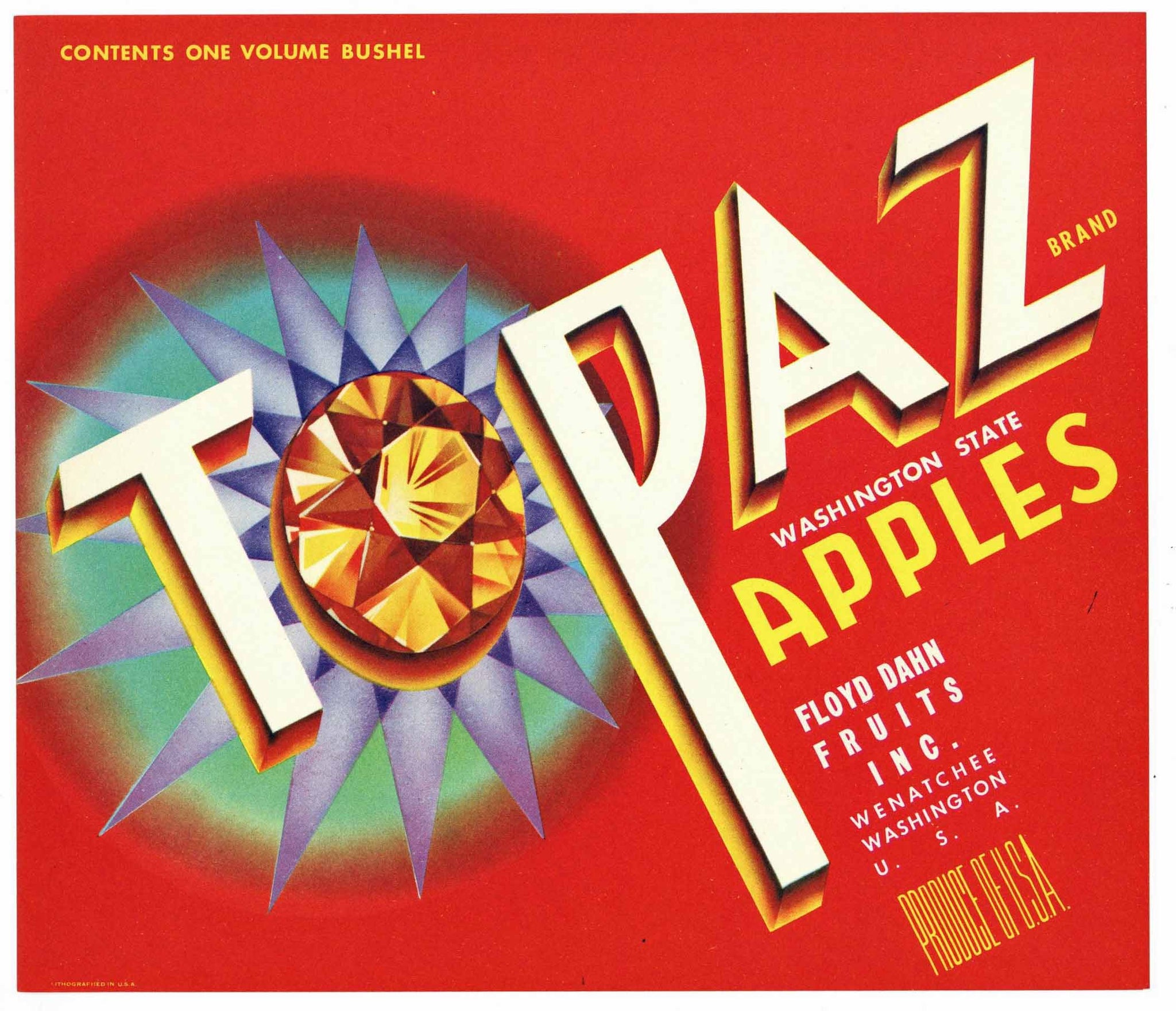 Topaz Brand Wenatchee Washington Apple Crate Label