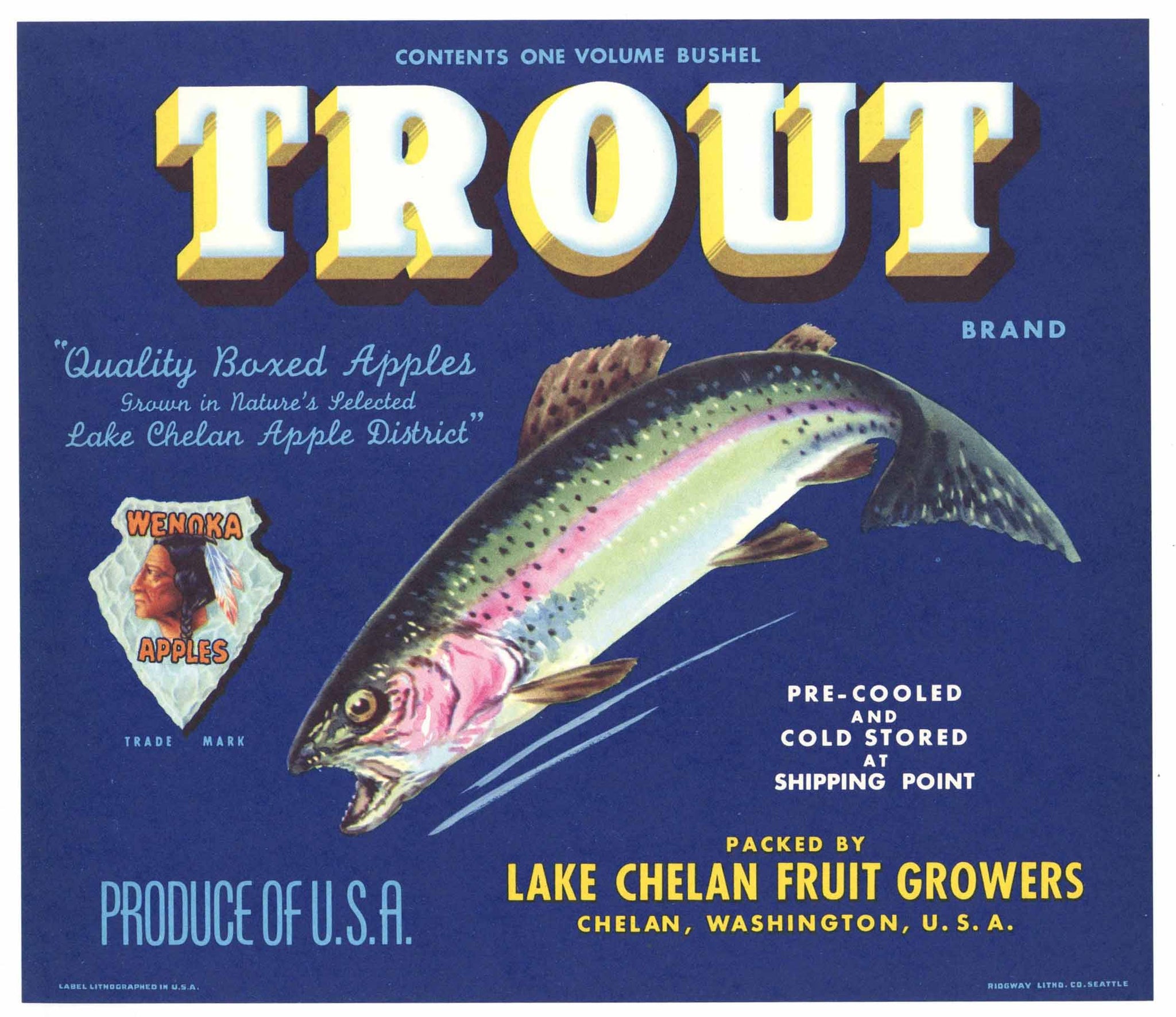 Trout Brand Vintage Chelan Washington Apple Crate Label, blue