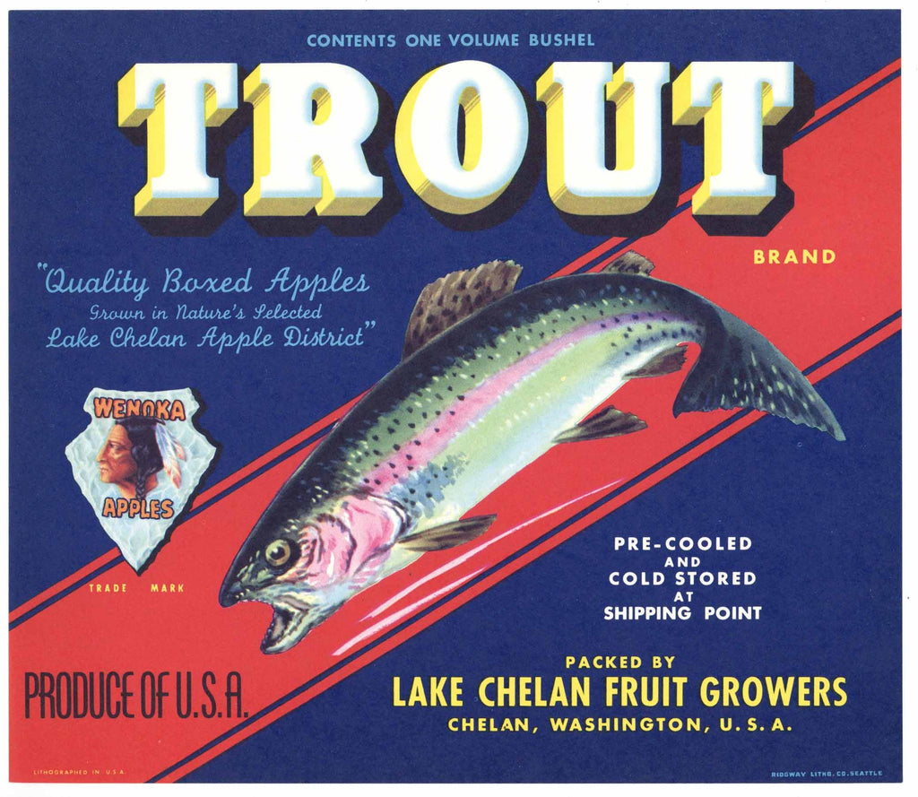 Trout Brand Vintage Chelan Washington Apple Crate Label, red stripe