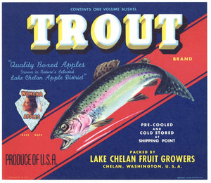 Trout Brand Vintage Chelan Washington Apple Crate Label, red stripe
