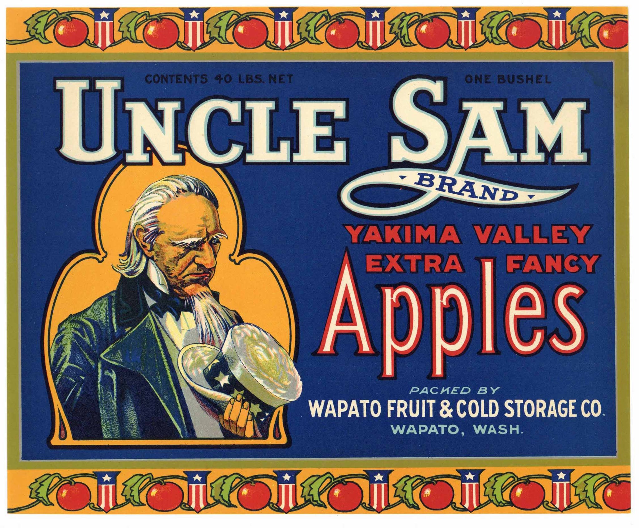 Uncle Sam Brand Wapato Washington Apple Crate Label, blue