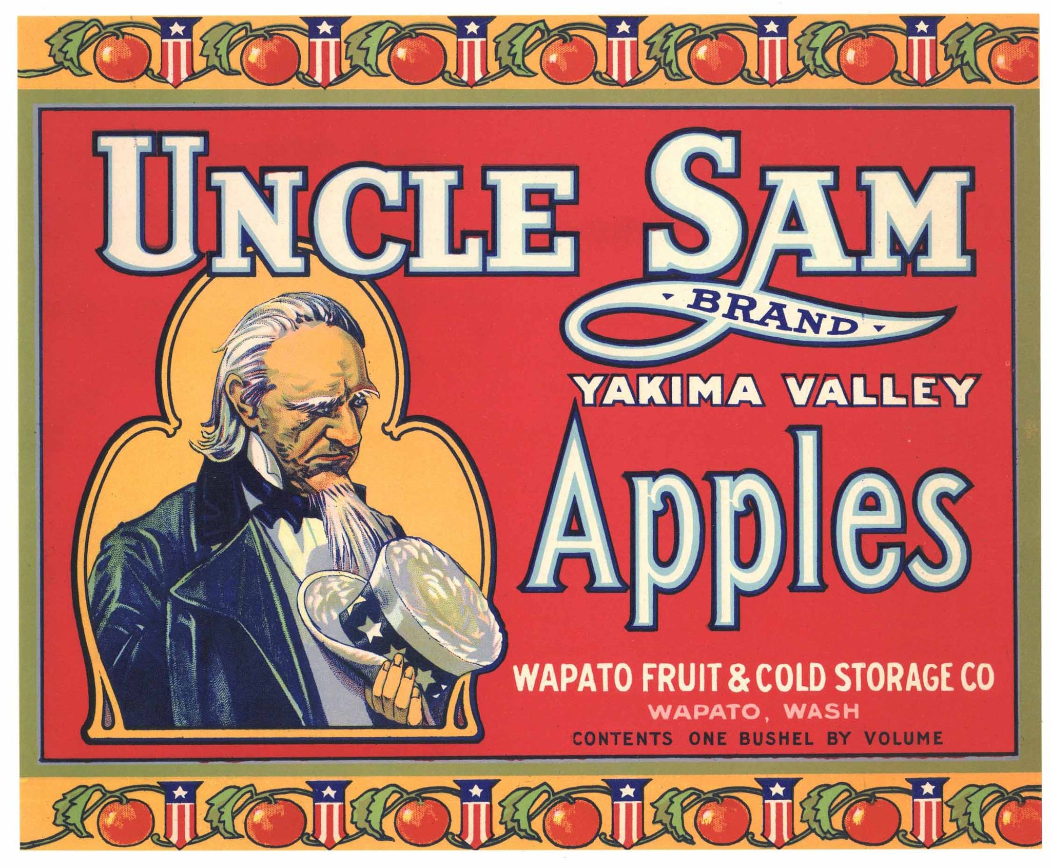 Uncle Sam Brand Wapato Washington Apple Crate Label, red