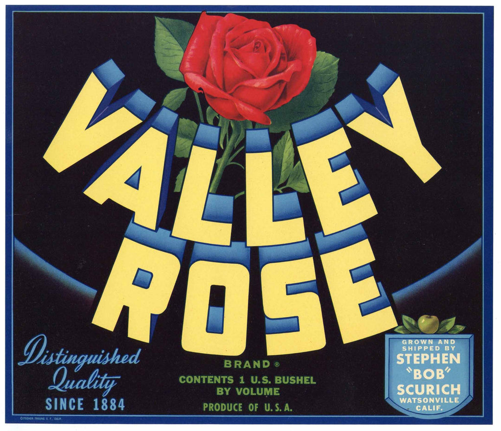 Valley Rose Brand Vintage Watsonville Apple Crate Label