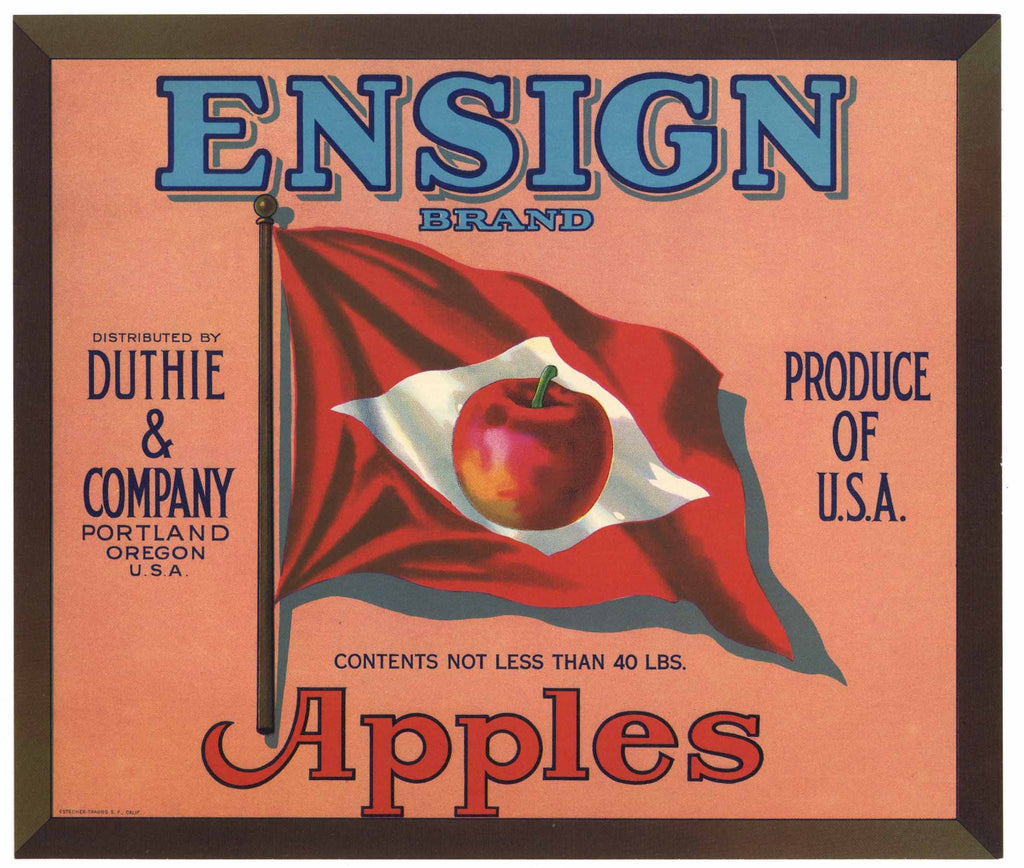Ensign Brand Vintage Portland Oregon Apple Crate Label, red flag