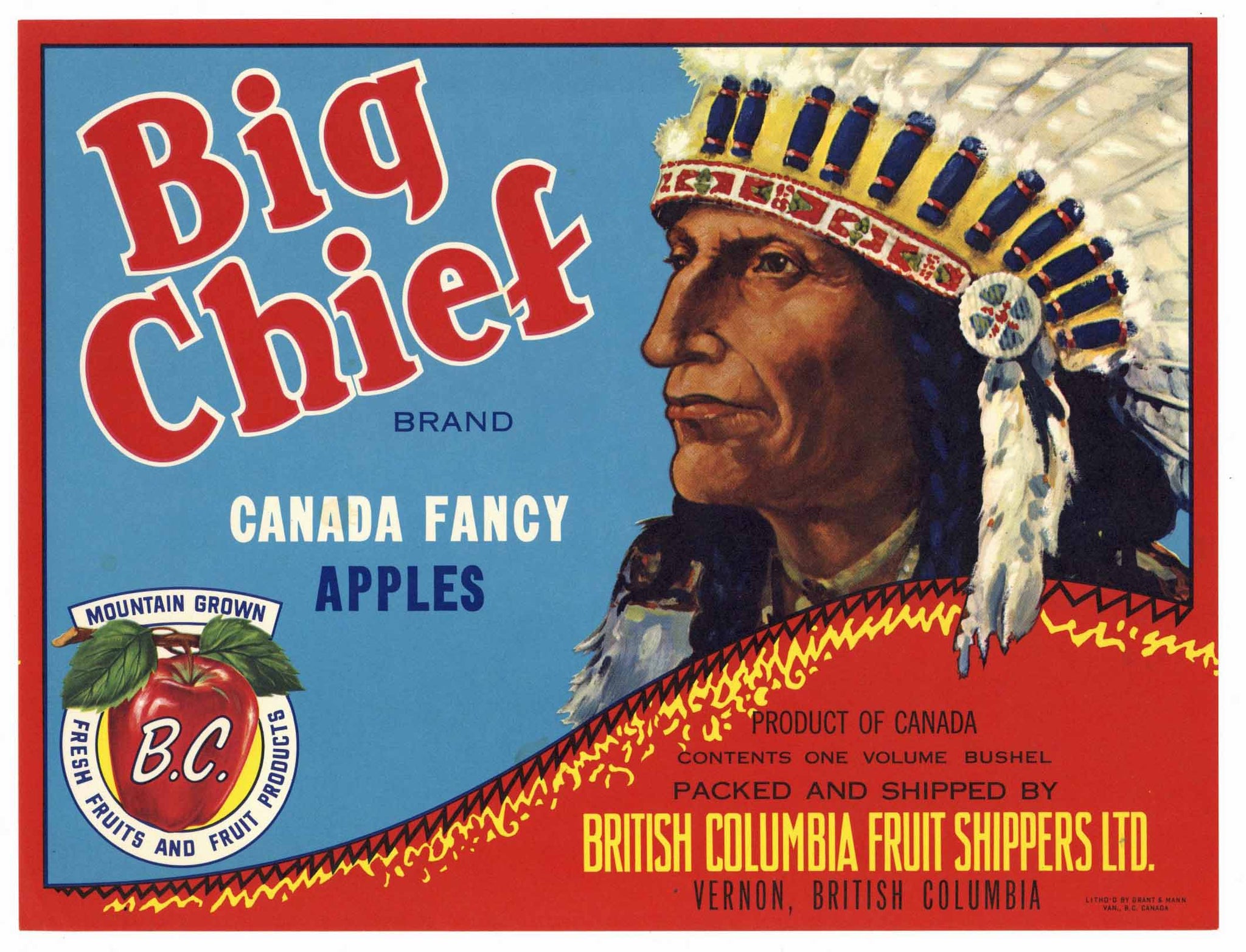 Big Chief Brand Vintage British Columbia Canada Apple Crate Label