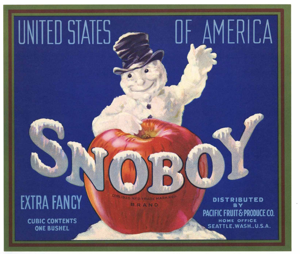 Snoboy Brand Vintage Pacific Fruit Apple Crate Label, o