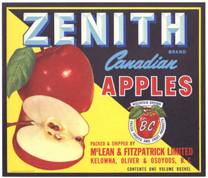 Zenith Brand Vintage British Columbia Canada Apple Crate Label