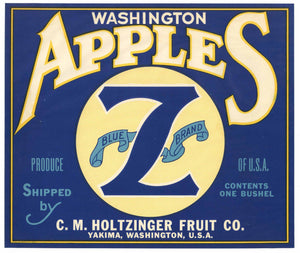 Blue Z Brand Vintage Yakima Washington Apple Crate Label