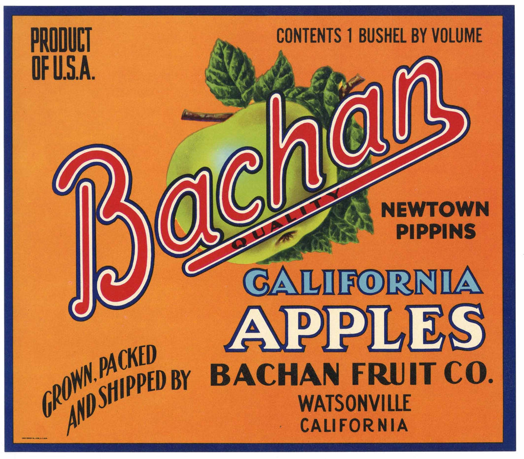 Bachan Brand Vintage Watsonville Apple Crate Label, n