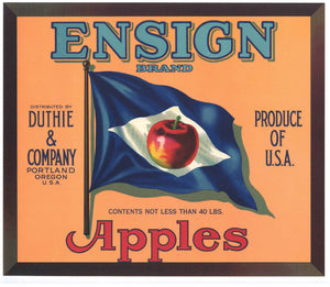Ensign Brand Vintage Portland Oregon Apple Crate Label, blue flag