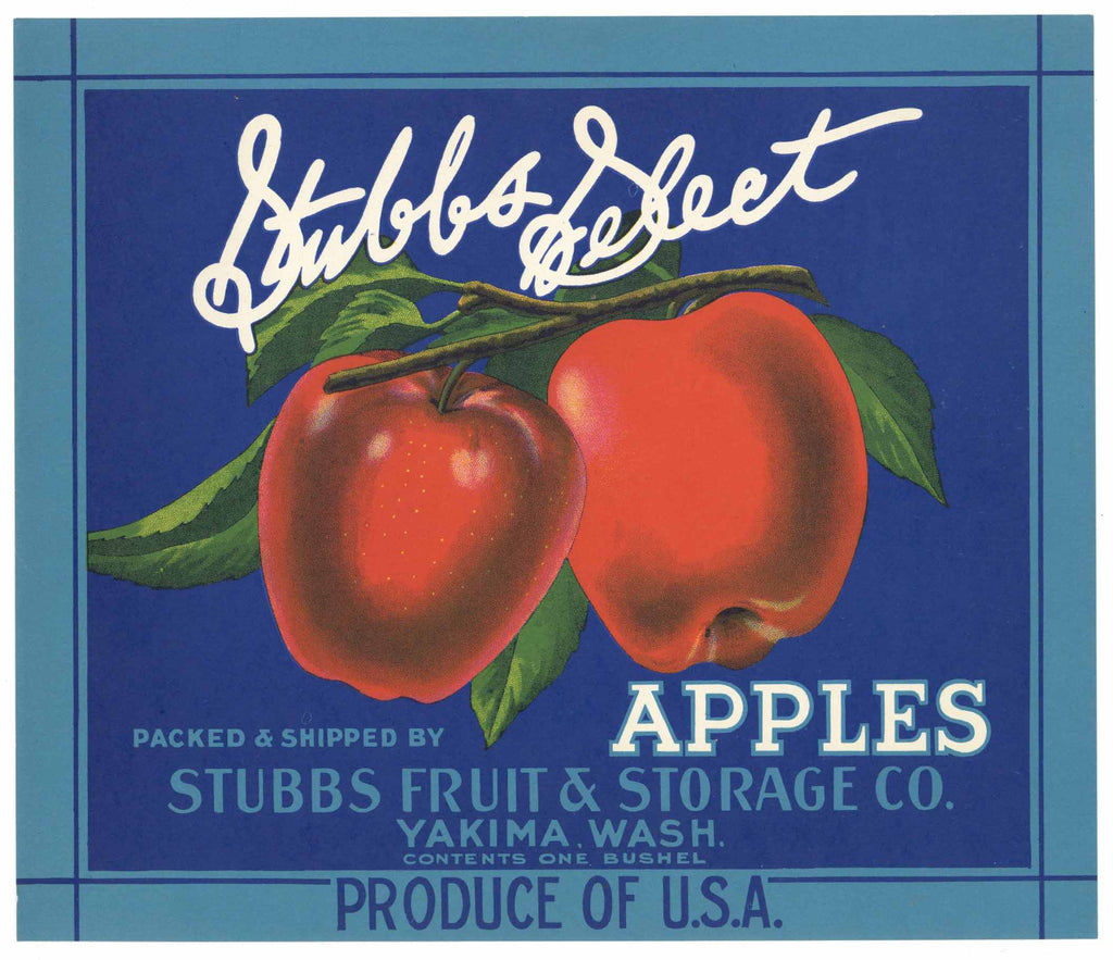 Stubbs Select Brand Vintage Yakima Washington Apple Crate Label