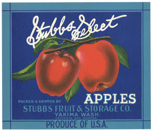 Stubbs Select Brand Vintage Yakima Washington Apple Crate Label