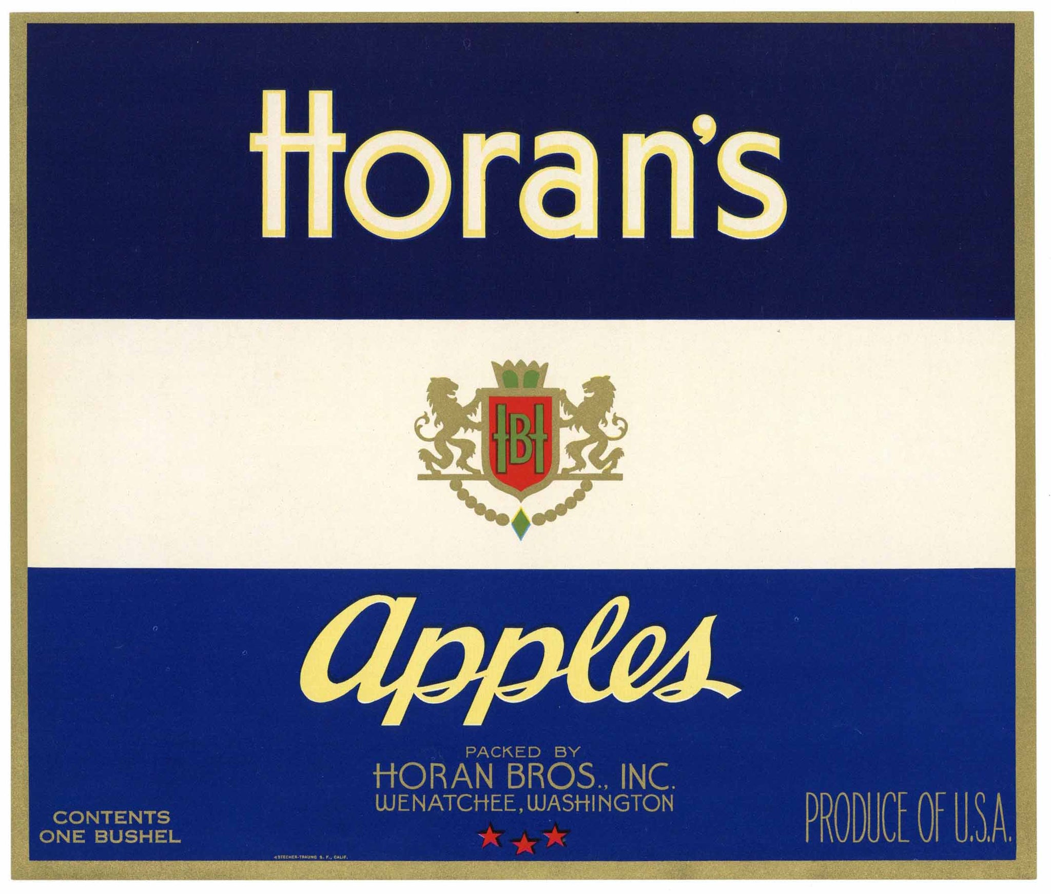 Horan's Brand Vintage Wenatchee Washington Apple Crate Label, blue