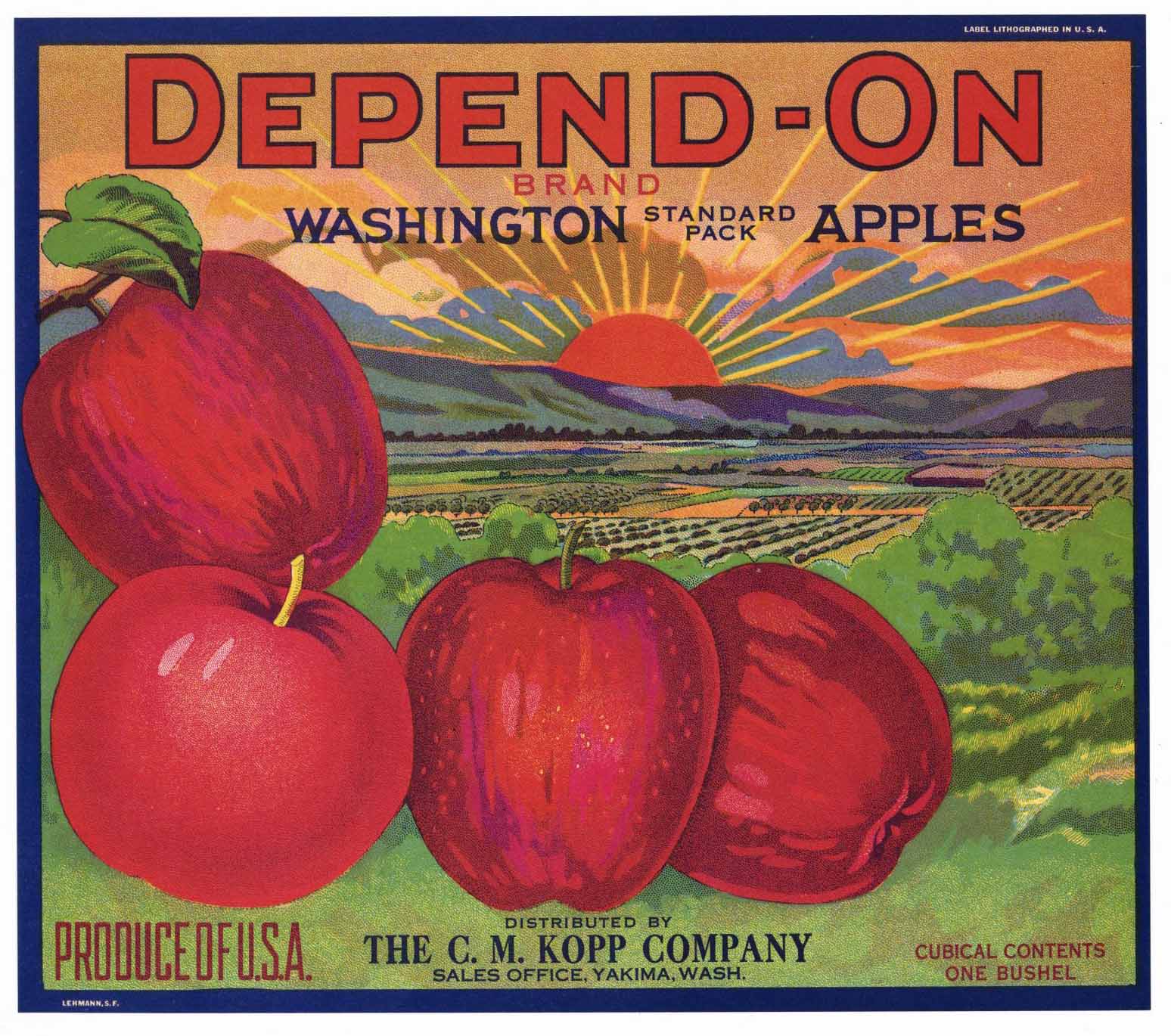 Depend-On Brand Vintage Yakima Washington Apple Crate Label, Kopp