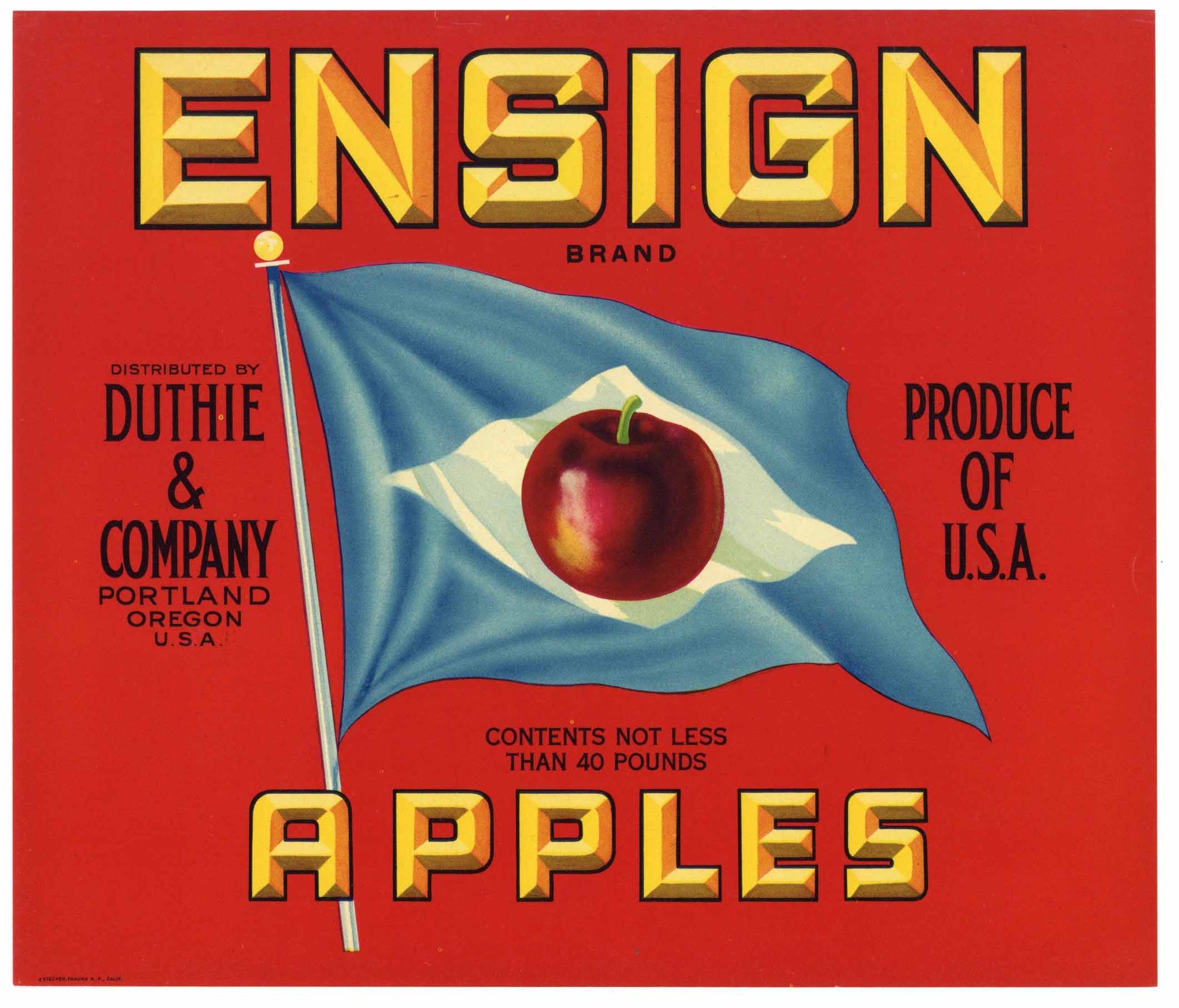 Ensign Brand Vintage Portland Oregon Apple Crate Label, red