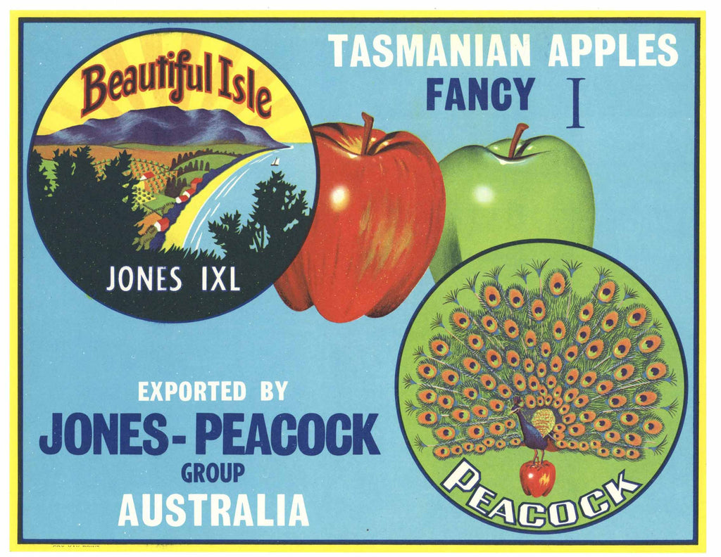 Beautiful Isle Brand Vintage Tasmania Australia Apple Crate Label, Peacock