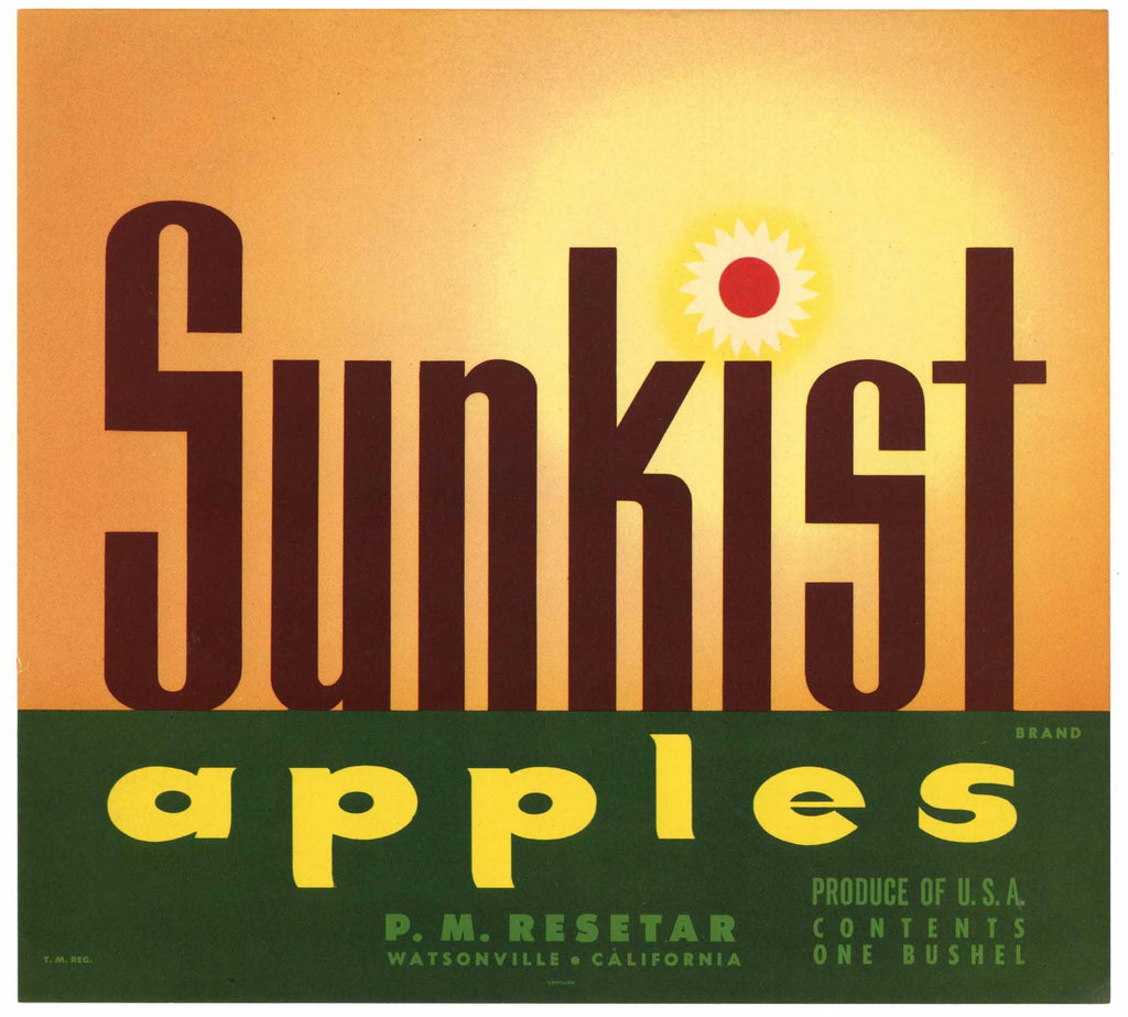 Sunkist Brand Vintage Watsonville Apple Crate Label, newer