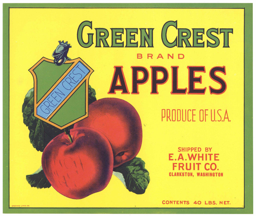 Green Crest Brand Vintage Clarkston Washington Apple Crate Label