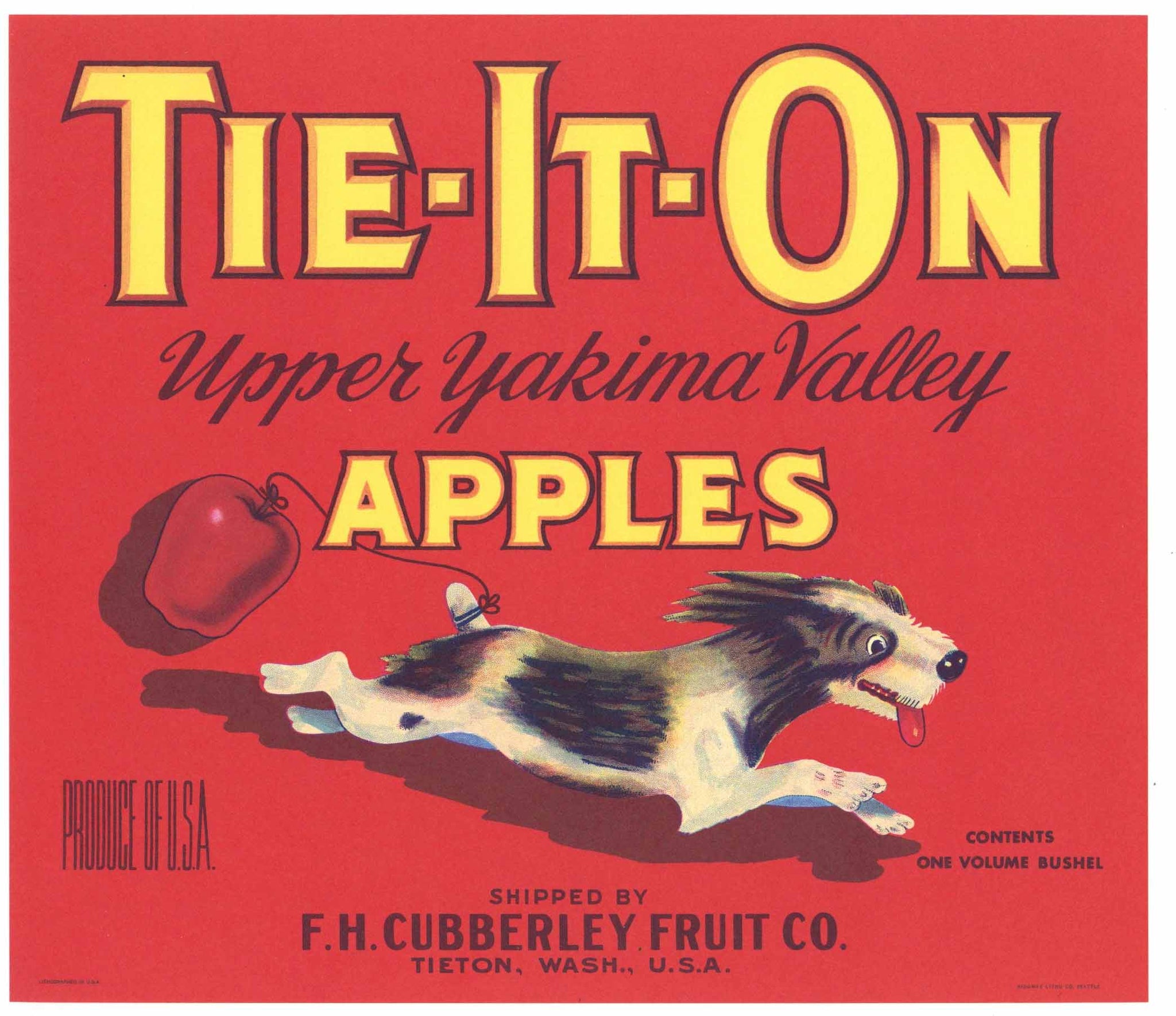 Tie-It-On Brand Vintage Tieton, Washington Apple Crate Label, red