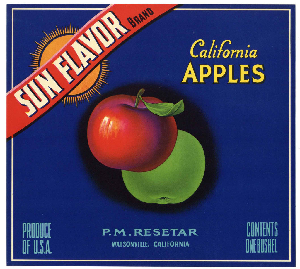 Sun Flavor Brand Vintage Watsonville Apple Crate Label