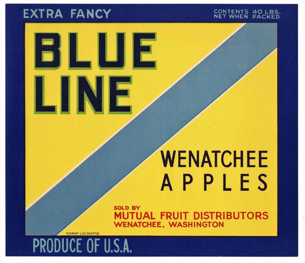 Blue Line Brand Vintage Wenatchee Washington Apple Crate Label