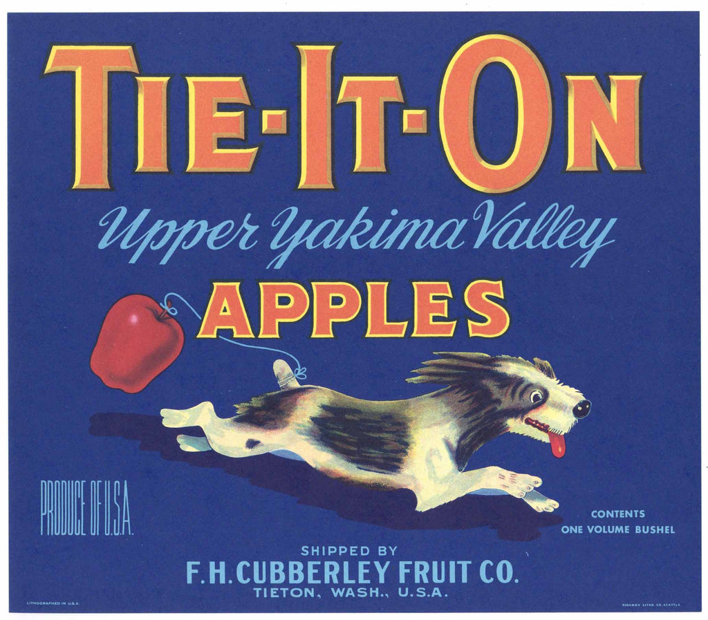 Tie-It-On Brand Vintage Tieton, Washington Apple Crate Label, blue