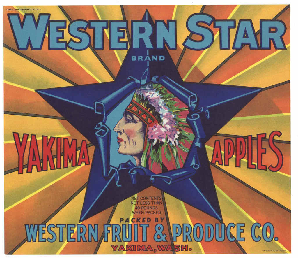 Western Star Brand Vintage Yakima Apple Crate Label, 40 lb.