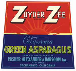 Zuyder Zee Brand Vintage Sacramento Asparagus Crate Label