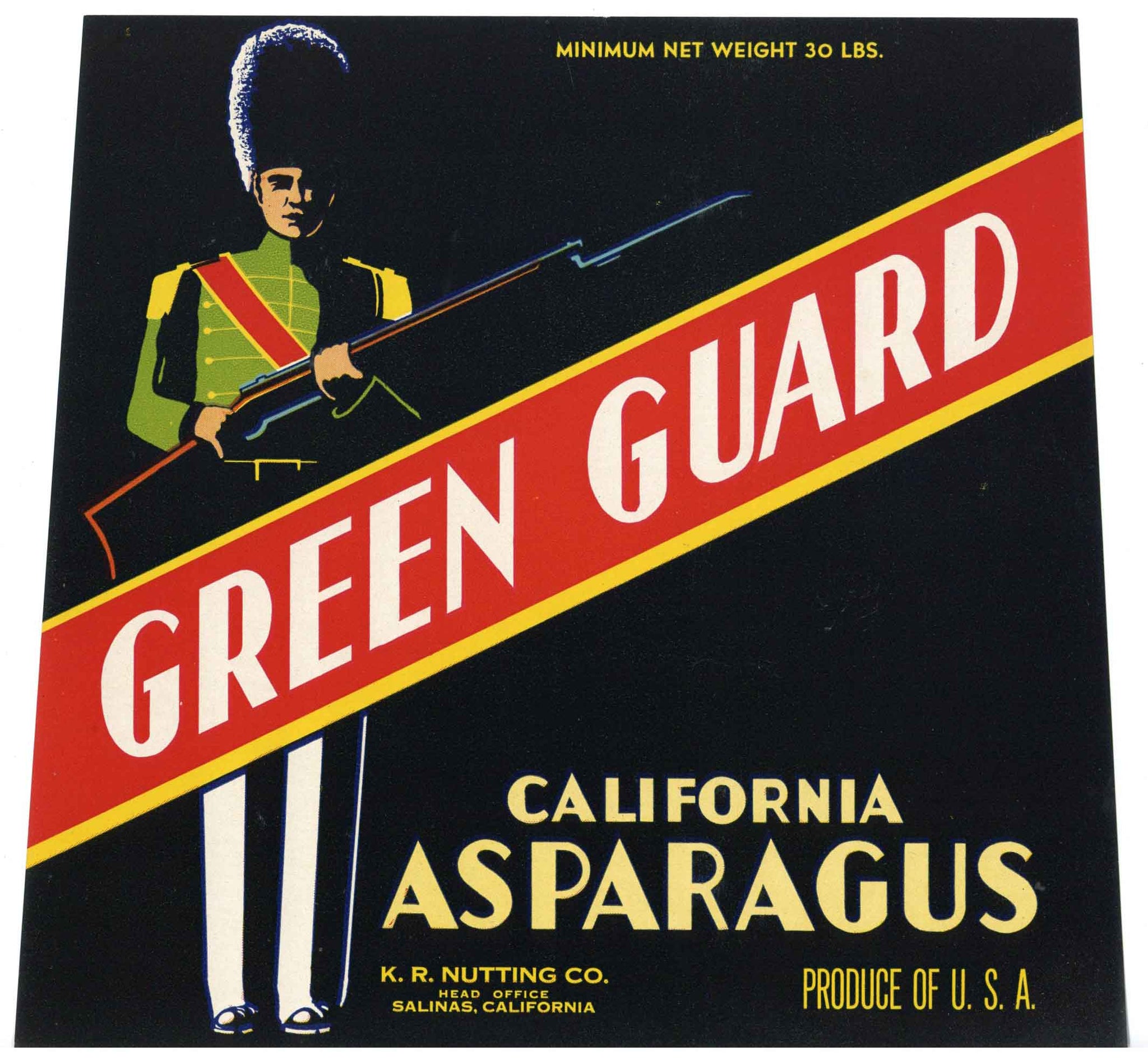 Green Guard Brand Vintage Salinas Asparagus Crate Label