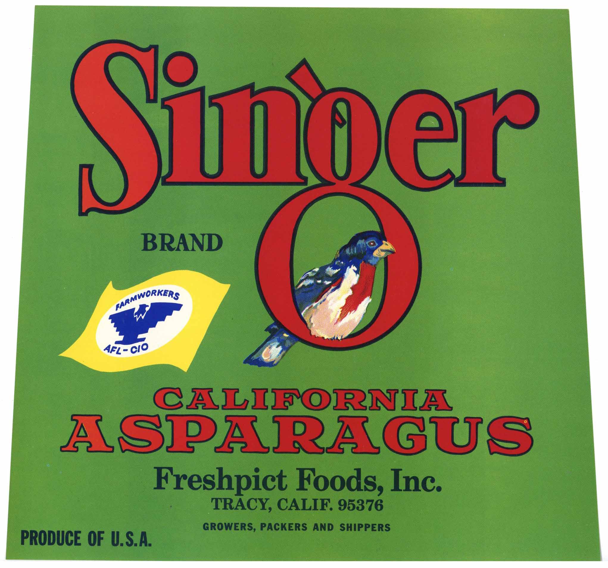Singer Brand Vintage Tracy Asparagus Crate Label, Farmworkers AFL-CIO