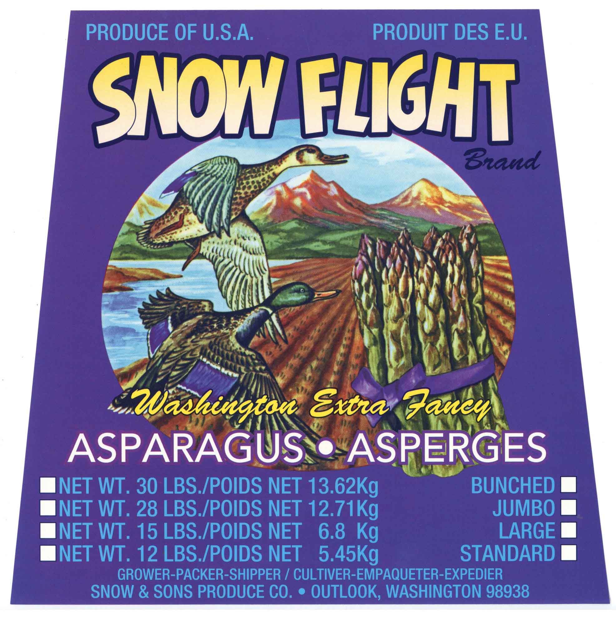 Snow Flight Brand Vintage Outlook Washington Asparagus Crate Label