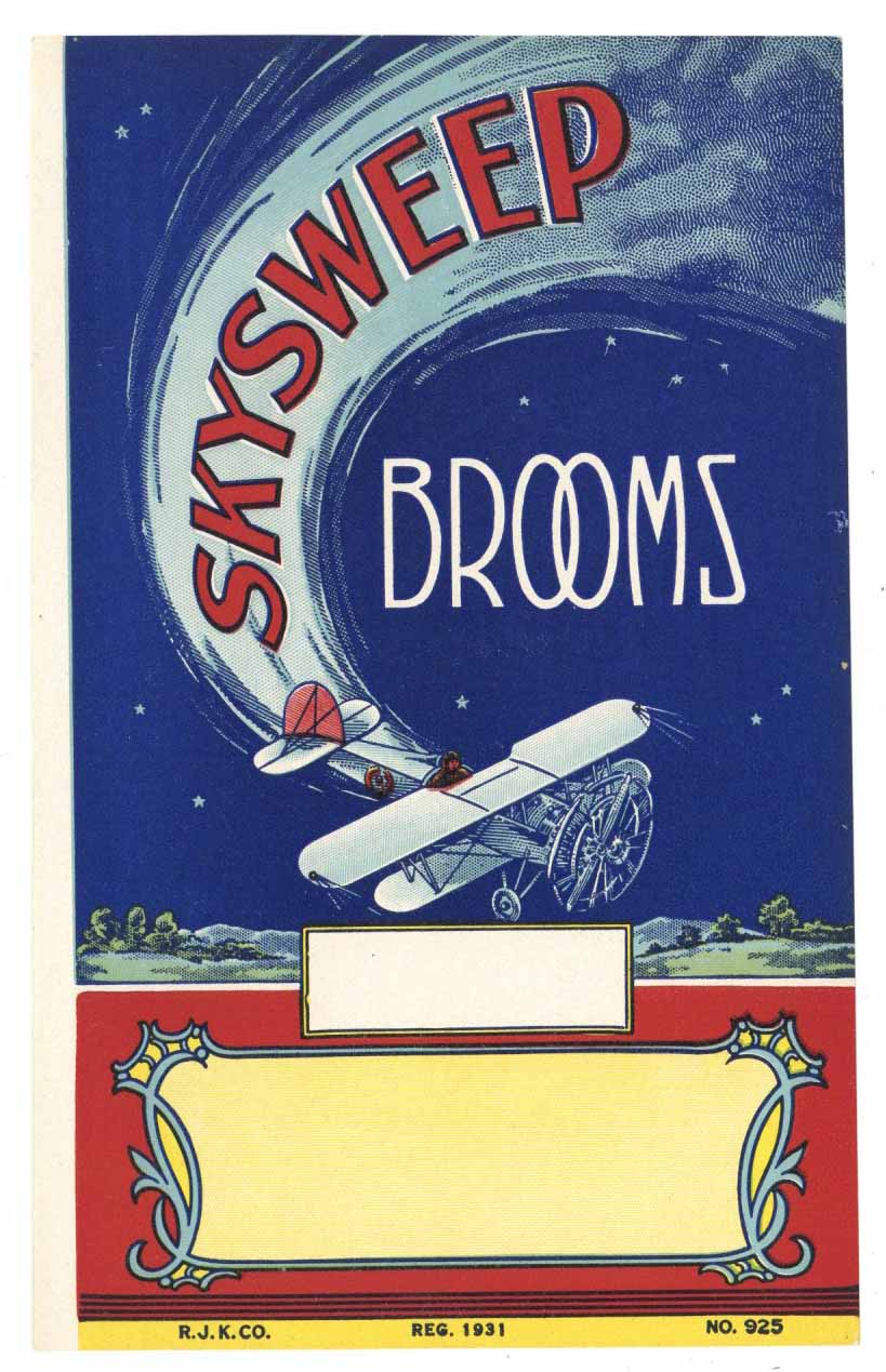 Skysweep Brand Vintage Broom Label, Biplane