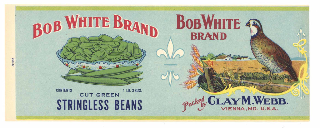 Bob White Brand Vintage Maryland Bean Can Label