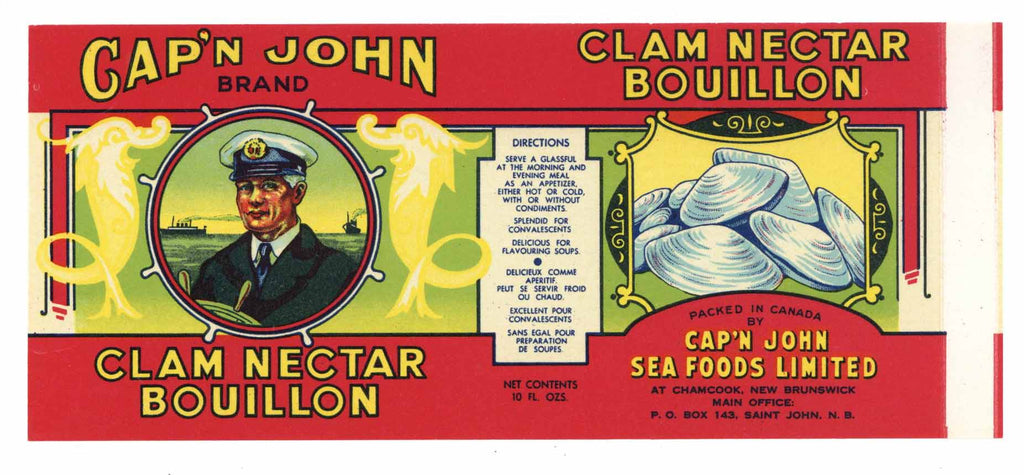 Cap'n John Brand Vintage Canadian Clam Bouillon Can Label
