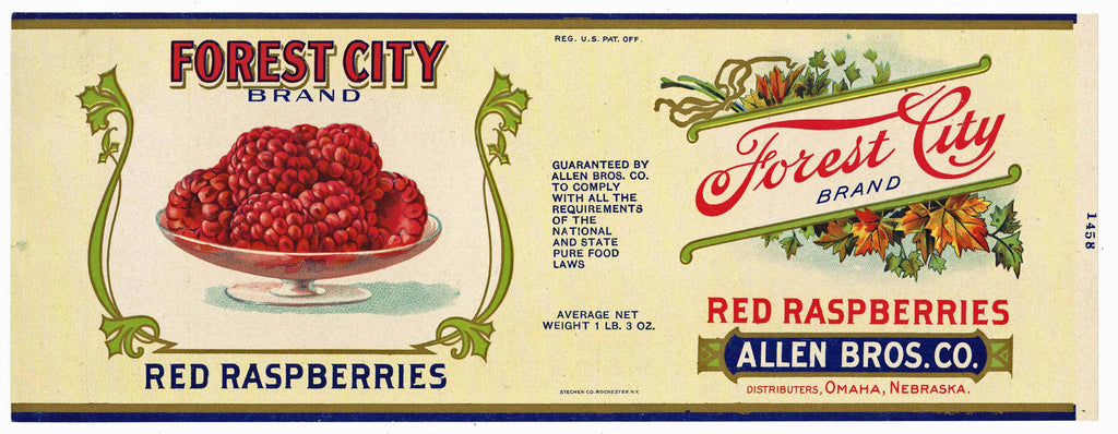 Forest City Brand Vintage Omaha Nebraska Red Raspberries Can Label