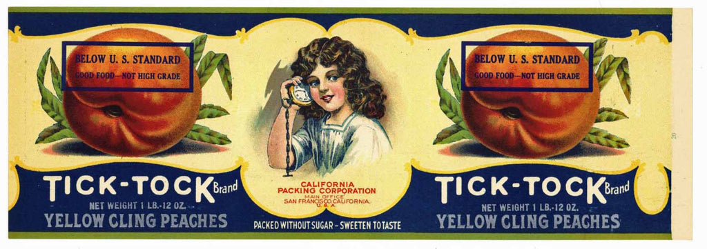 Tick Tock Brand Vintage Peach Can Label, op