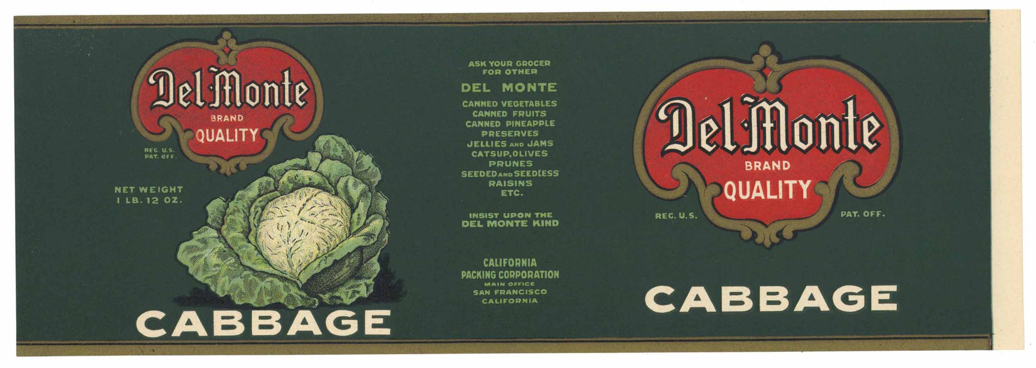 Del Monte  Brand Vintage Cabbage Can Label, L