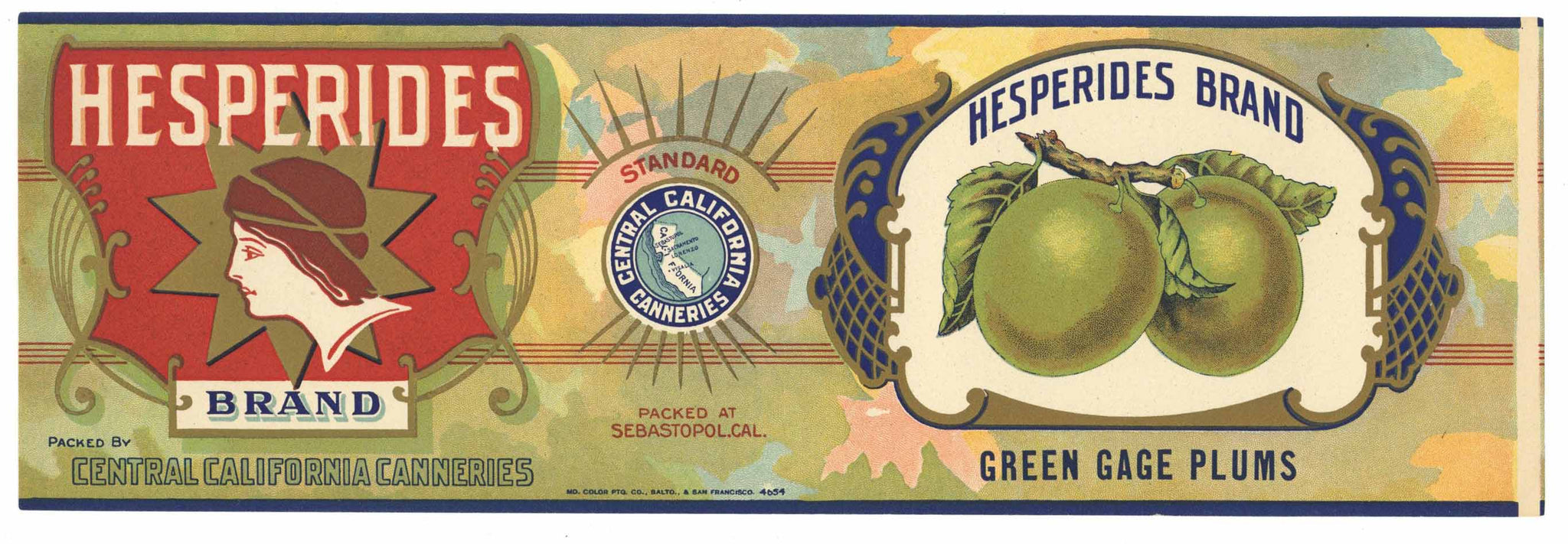 Hesperides Brand Vintage Green Cage Plums Can Label