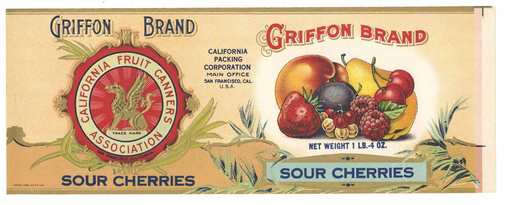 Griffon Brand Vintage Mixed Fruit Can Label, Sour Cherries