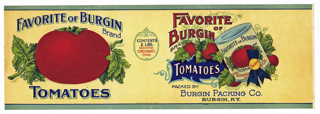 Favorite Of Burgin Brand Vintage Kentucky Tomato Can Label