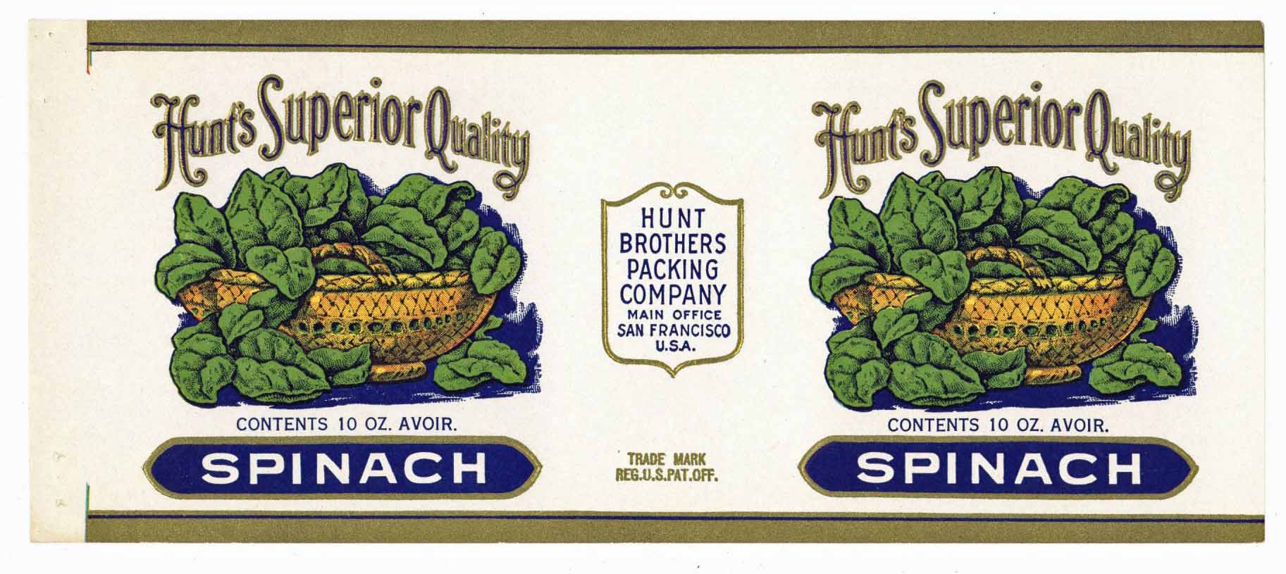 Hunt's Superior Quality Brand Vintage Spinach Can Label