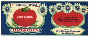 Kabeck Brand Vintage Rural Hall North Carolina Tomato Can Label