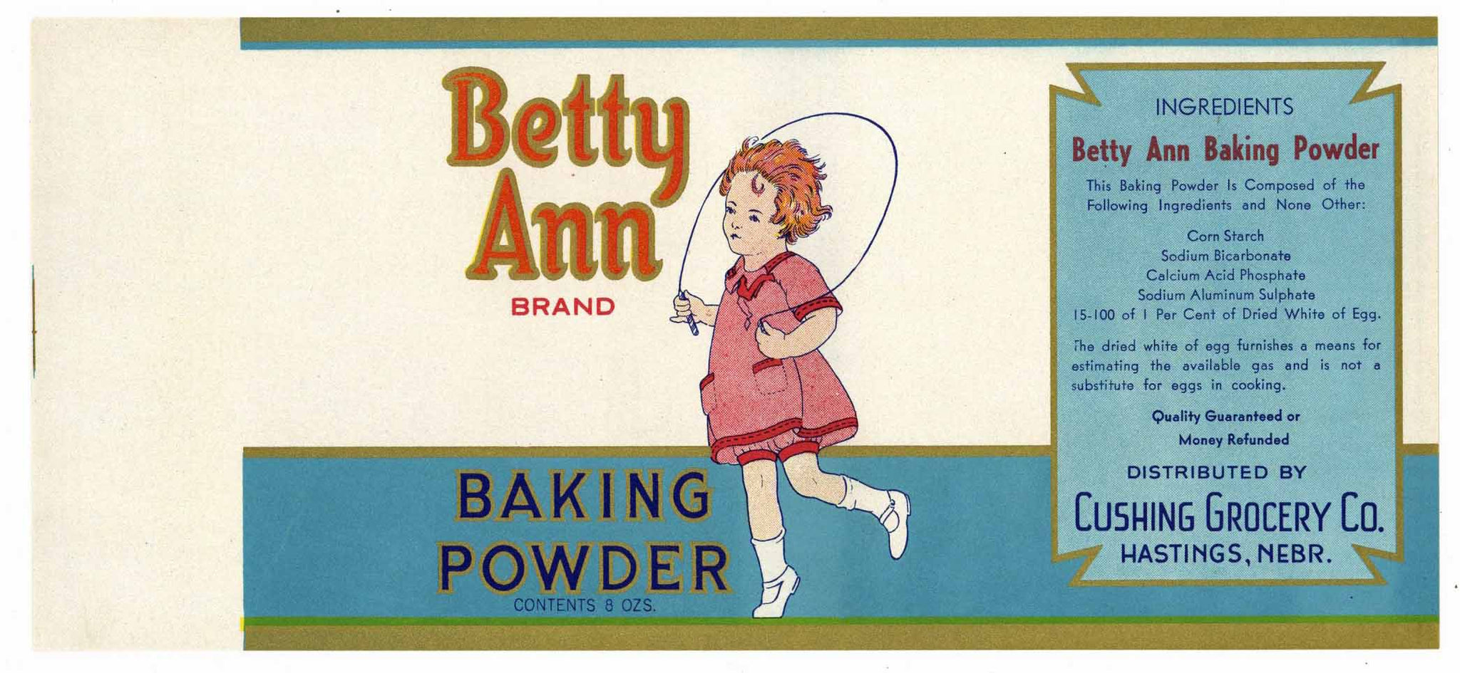 Betty Ann Brand Vintage Hastings Nebraska Baking Powder Can Label