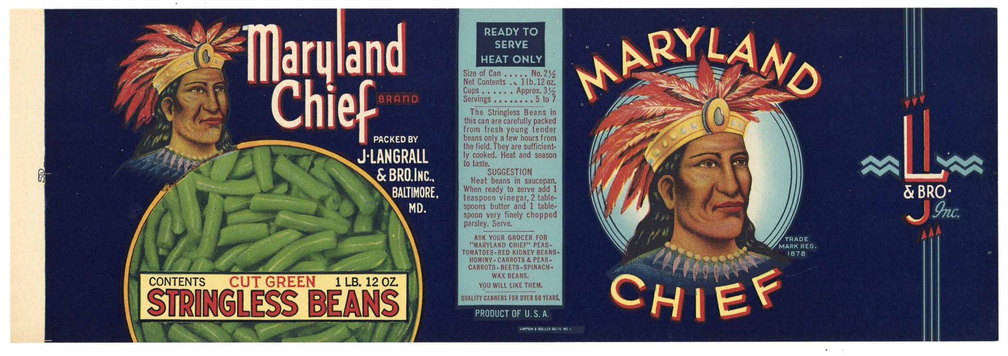 Maryland Chief Brand Vintage Stringless Bean Can Label, Long